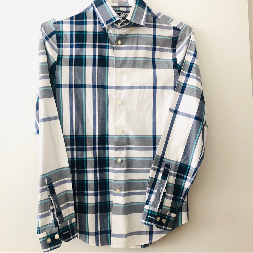 Express Men Shirt 100%Cotton White Plaid XS Fitted